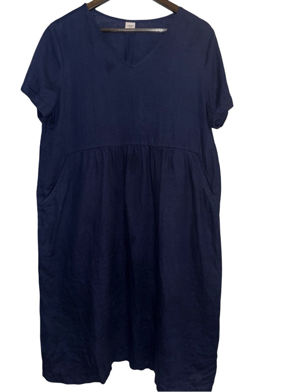 Lintico Medium Navy Blue Linen Midi Dress Short Sleeve V Neck Pocket Minimalist - Picture 2 of 5